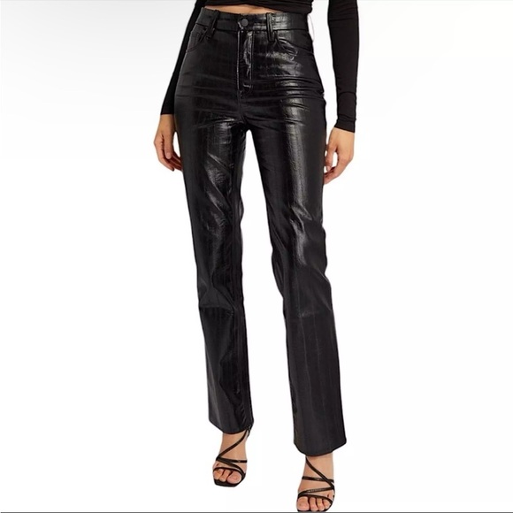 NWT Good American Good Icon Faux Leather Snakeskin Straight Leg Pants Black